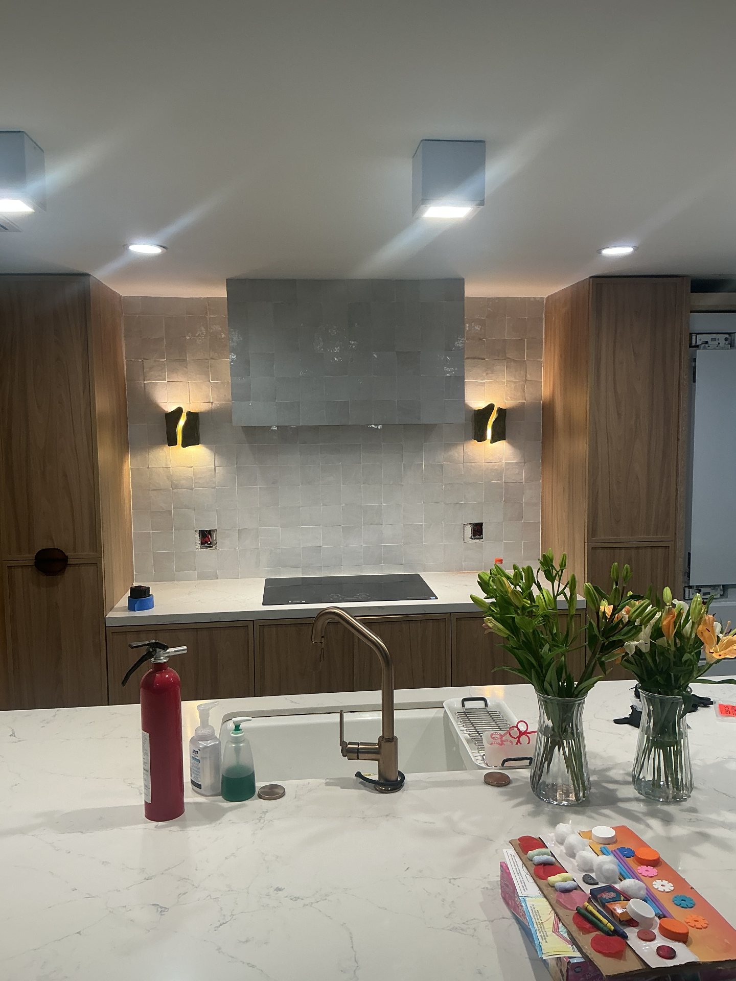 Beautiful LED lights, in a small kitchen